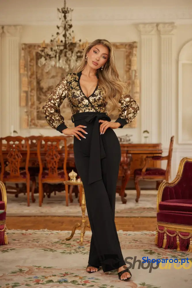 Flower Vein Sequin Print Jumpsuit