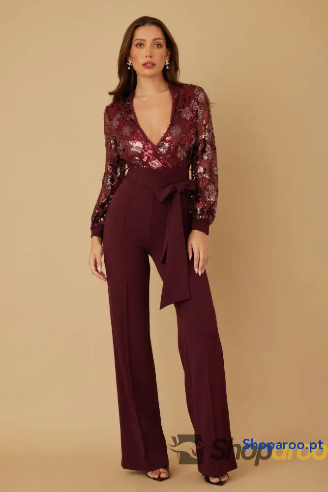 Flower Vein Sequin Print Jumpsuit