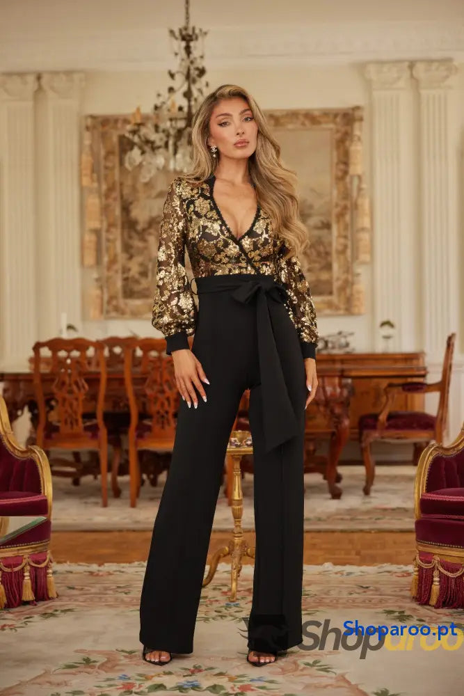 Flower Vein Sequin Print Jumpsuit