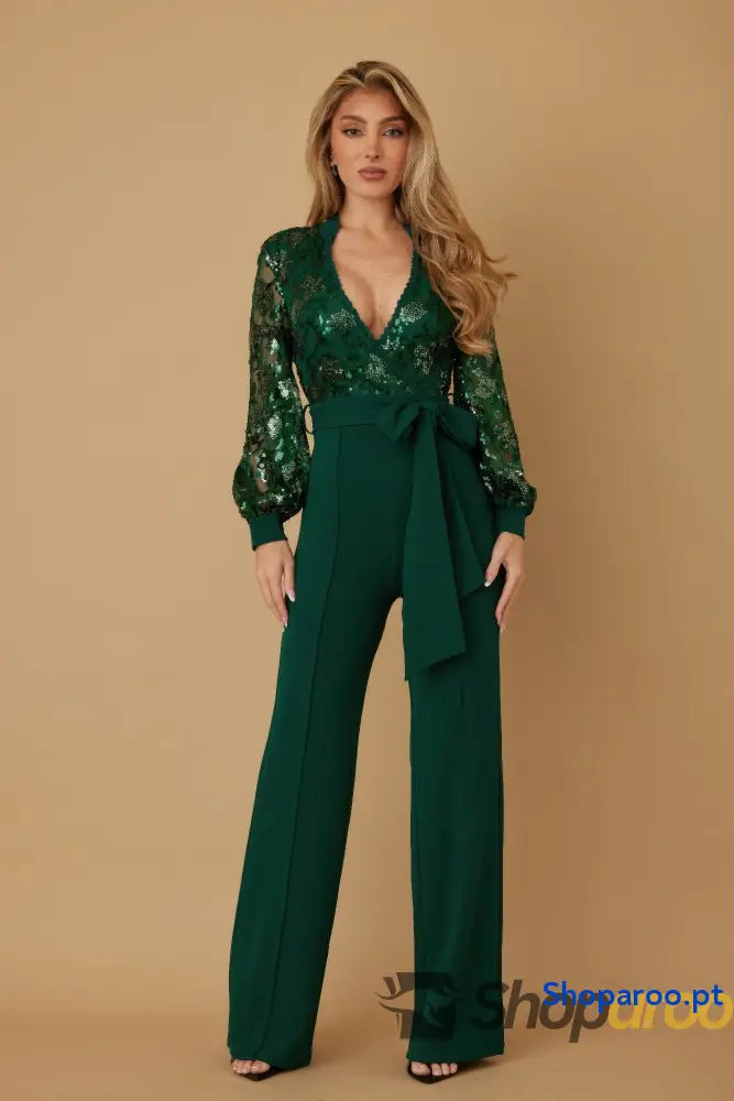 Flower Vein Sequin Print Jumpsuit