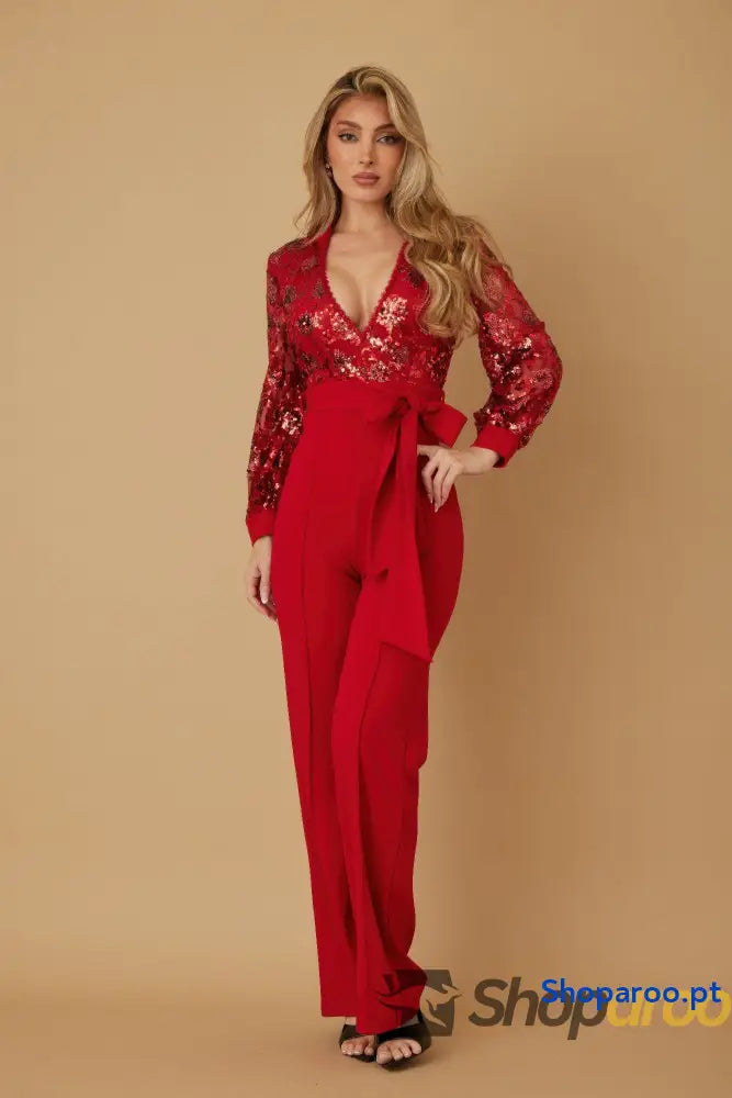 Flower Vein Sequin Print Jumpsuit
