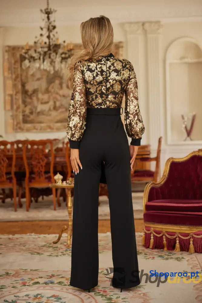 Flower Vein Sequin Print Jumpsuit