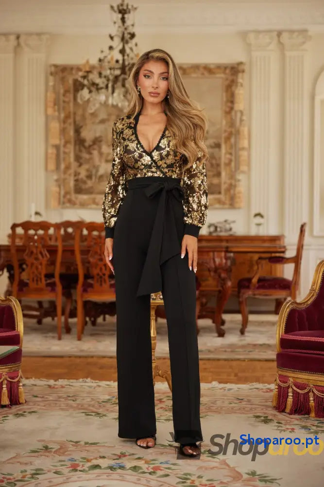 Flower Vein Sequin Print Jumpsuit