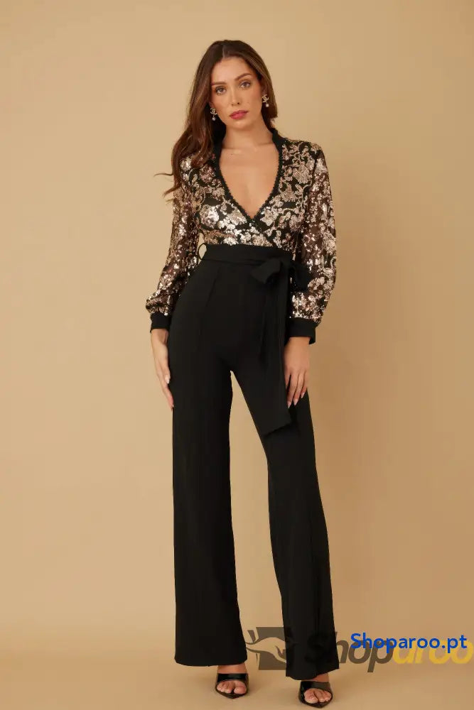 Flower Vein Sequin Print Jumpsuit