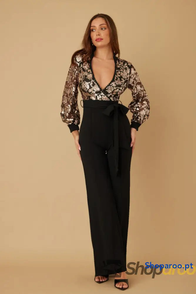 Flower Vein Sequin Print Jumpsuit