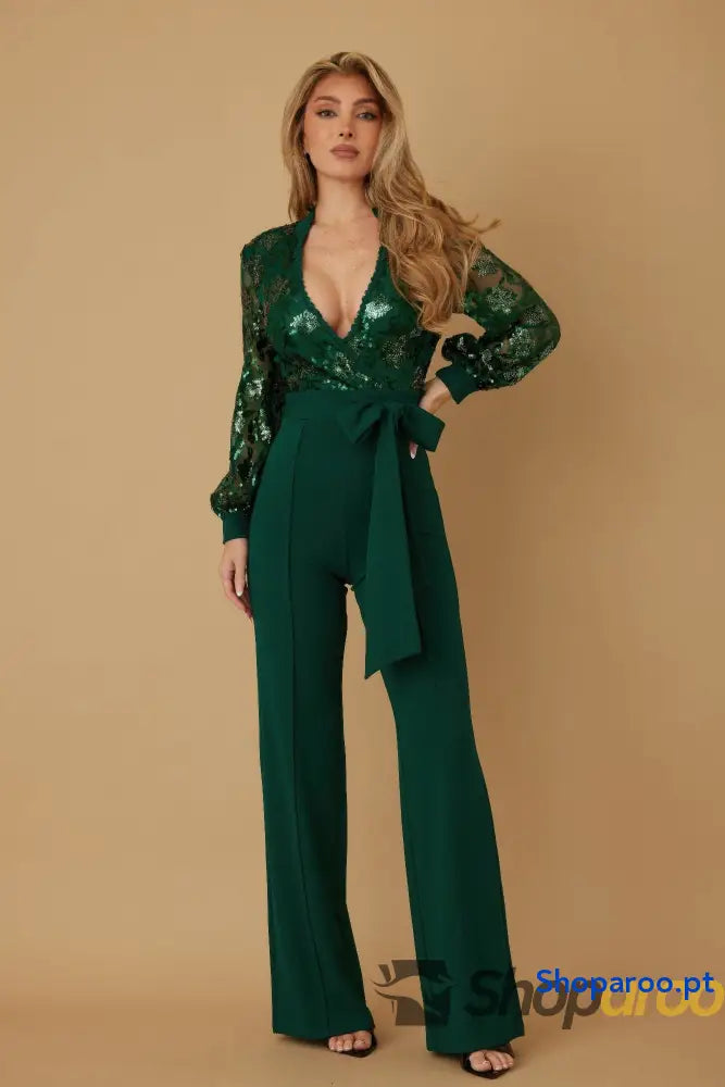 Flower Vein Sequin Print Jumpsuit