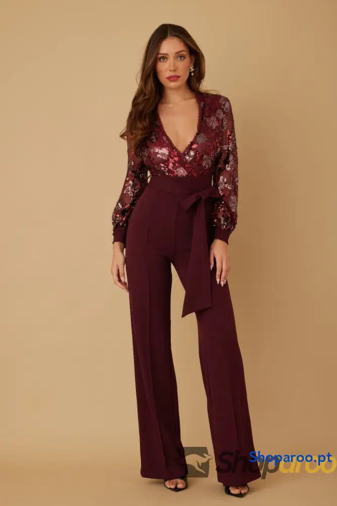 Flower Vein Sequin Print Jumpsuit