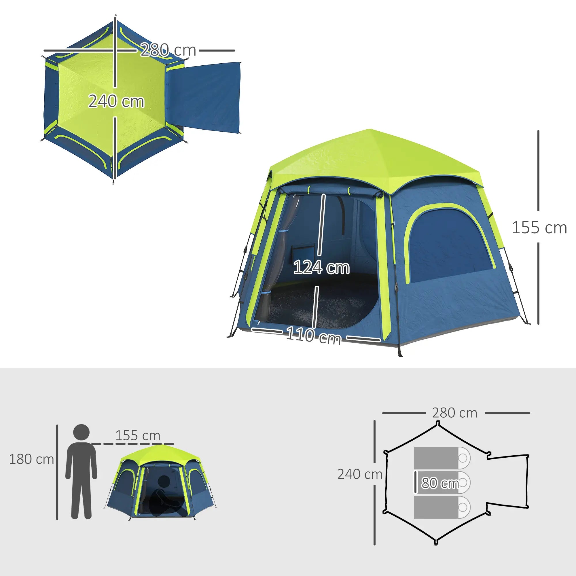 Tenda de Campismo para 2-3 Pessoas Dobrável com Fácil Instalação e Bolsa de Transporte 280x240x155 cm Azul e Verde