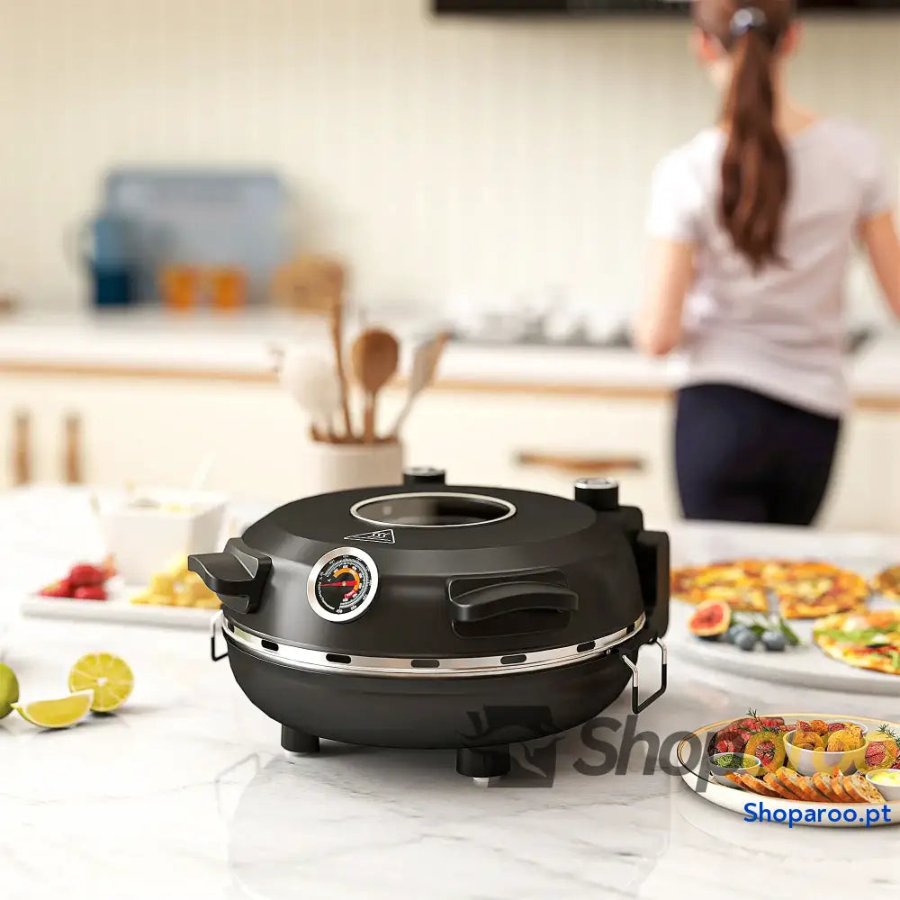 Forno para Pizza 1200W Eléctrico com Temporizador 15 min Temperatura até 430℃ 34,5x35x16,5 cm Preto