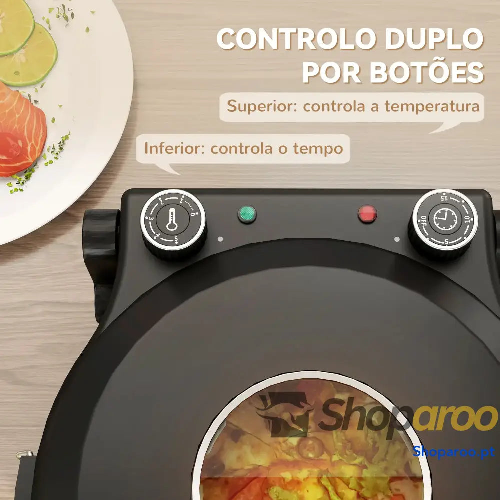 Forno para Pizza 1200W Eléctrico com Temporizador 15 min Temperatura até 430℃ 34,5x35x16,5 cm Preto