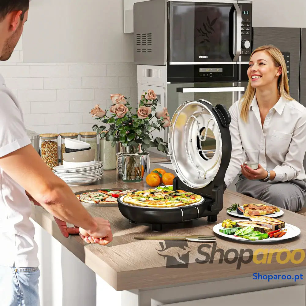 Forno para Pizza 1200W Eléctrico com Temporizador 15 min Temperatura até 430℃ 34,5x35x16,5 cm Preto