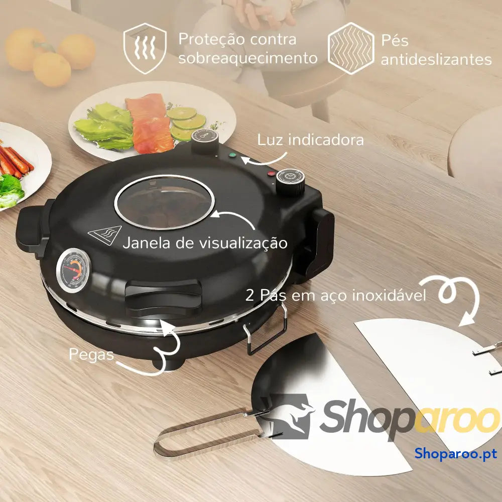 Forno para Pizza 1200W Eléctrico com Temporizador 15 min Temperatura até 430℃ 34,5x35x16,5 cm Preto