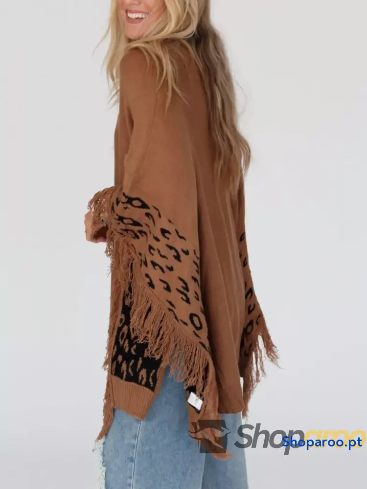 Fringe Leopard Mock Neck Batwing Sleeve Knit Top
