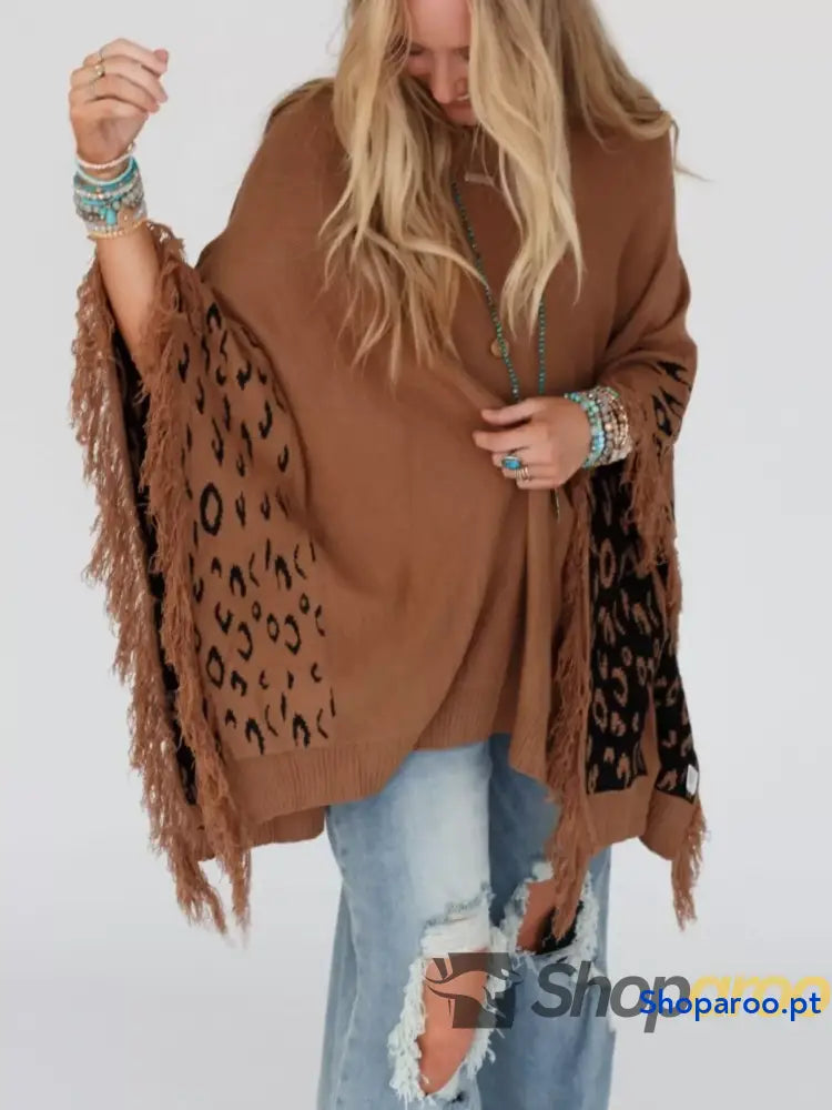 Fringe Leopard Mock Neck Batwing Sleeve Knit Top