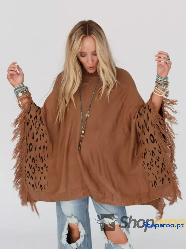 Fringe Leopard Mock Neck Batwing Sleeve Knit Top