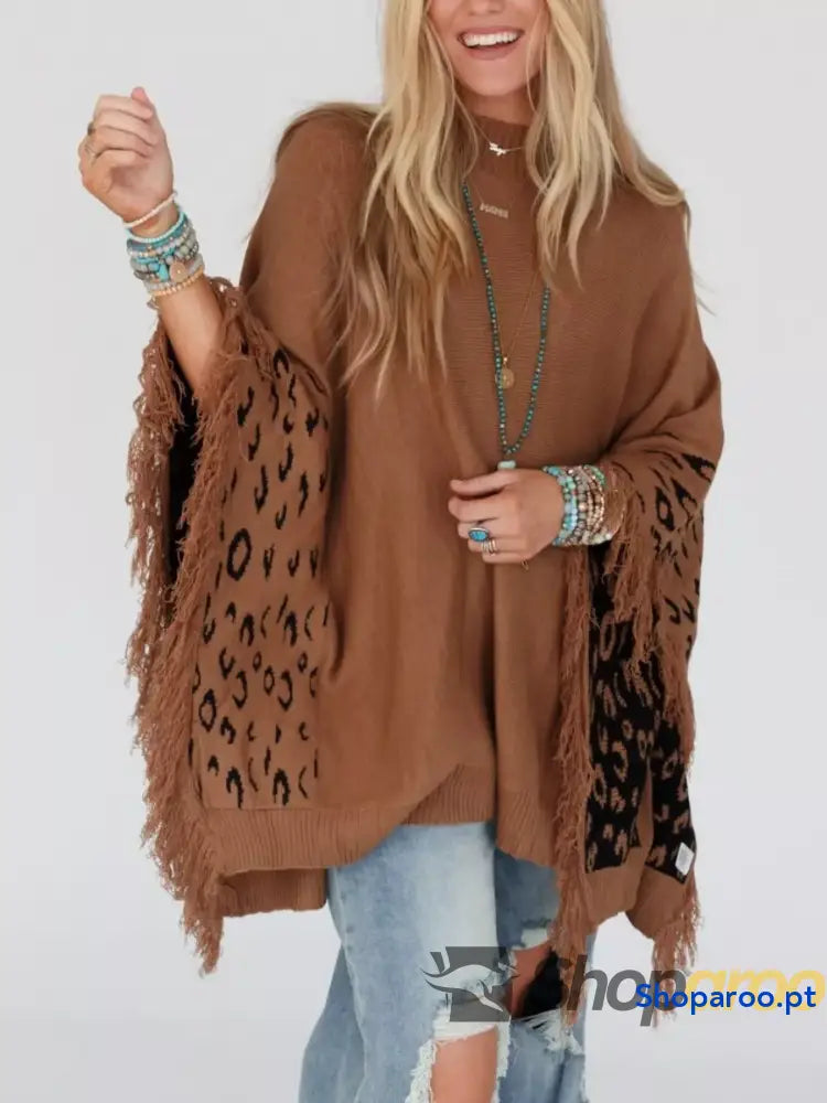 Fringe Leopard Mock Neck Batwing Sleeve Knit Top
