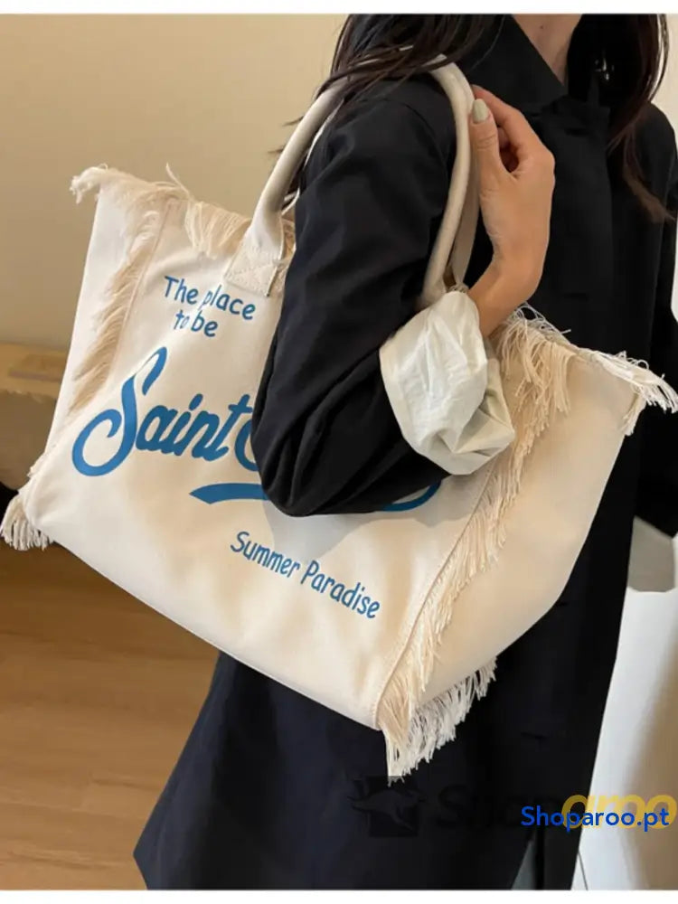 Fringe Letter Canvas Tote Bag