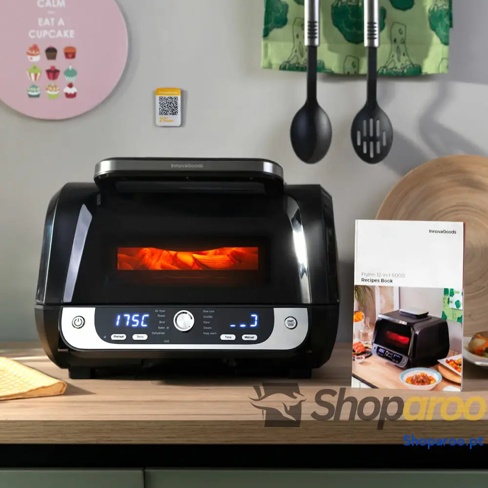 Fritadeira de Ar com Grill Acessórios e Livro Receitas InnovaGoods Fryinn 12 in 1 6000 Preto Aço 3400 W 6 L