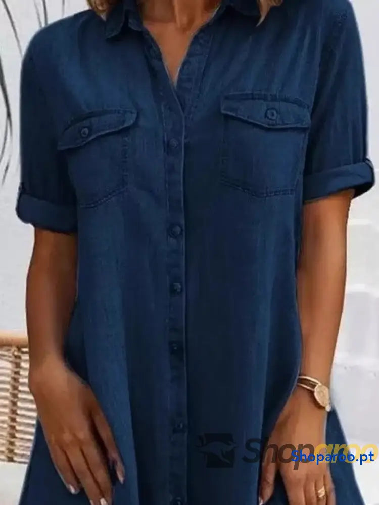 Full Size Button-Front Short Sleeve Denim Dress Plus