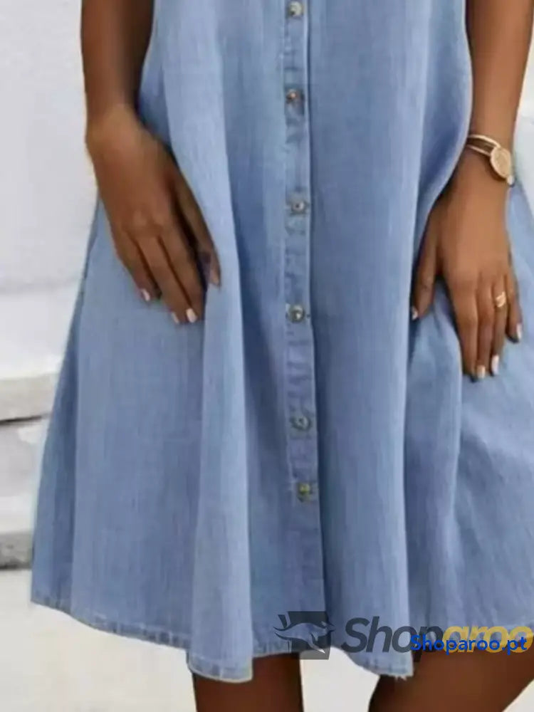 Full Size Button-Front Short Sleeve Denim Dress Plus