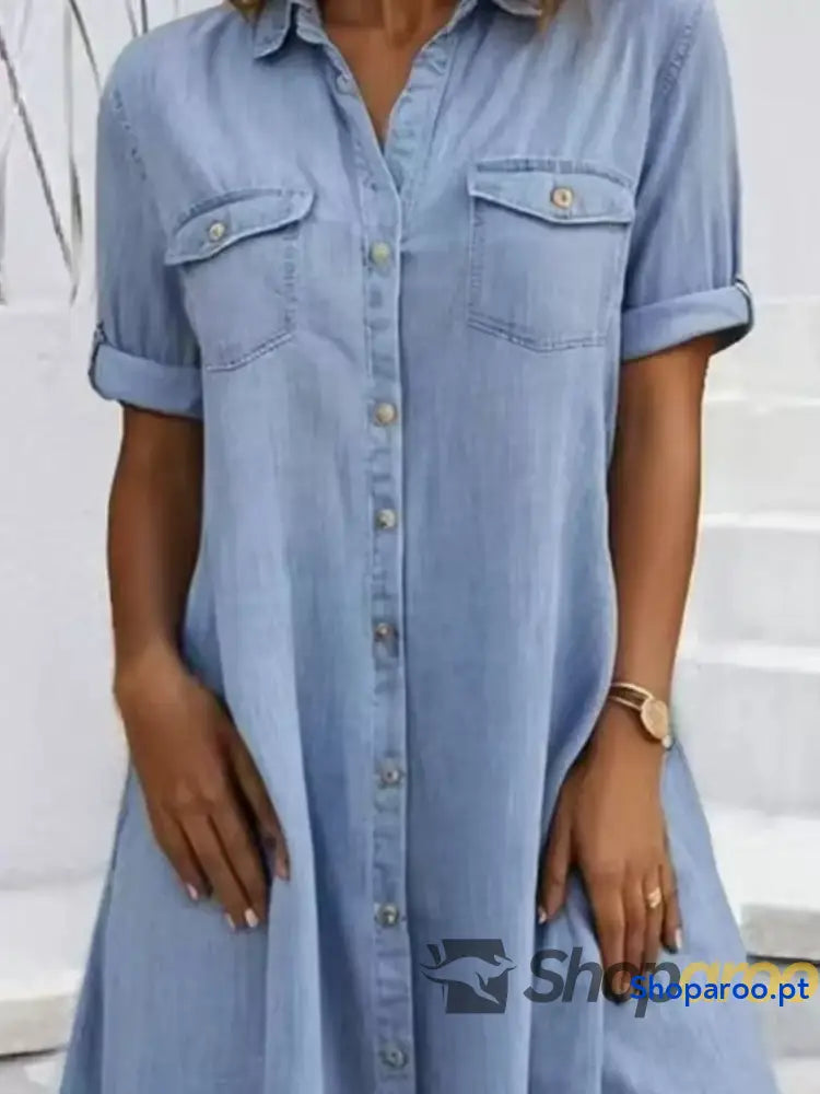 Full Size Button-Front Short Sleeve Denim Dress Plus