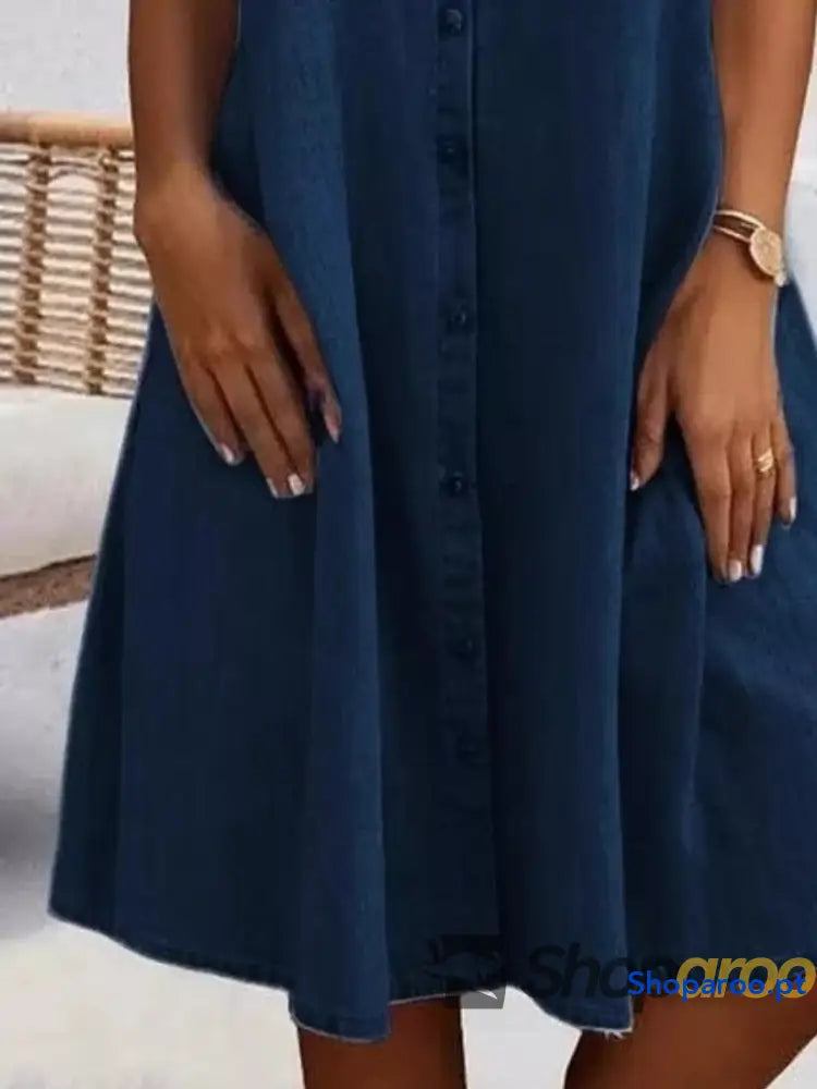 Full Size Button-Front Short Sleeve Denim Dress Plus