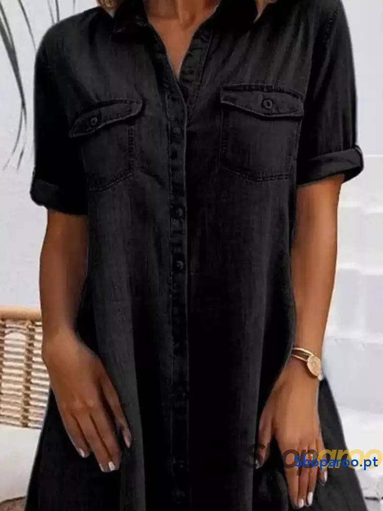 Full Size Button-Front Short Sleeve Denim Dress Plus