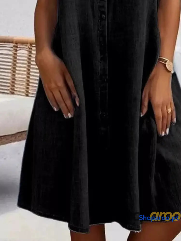 Full Size Button-Front Short Sleeve Denim Dress Plus