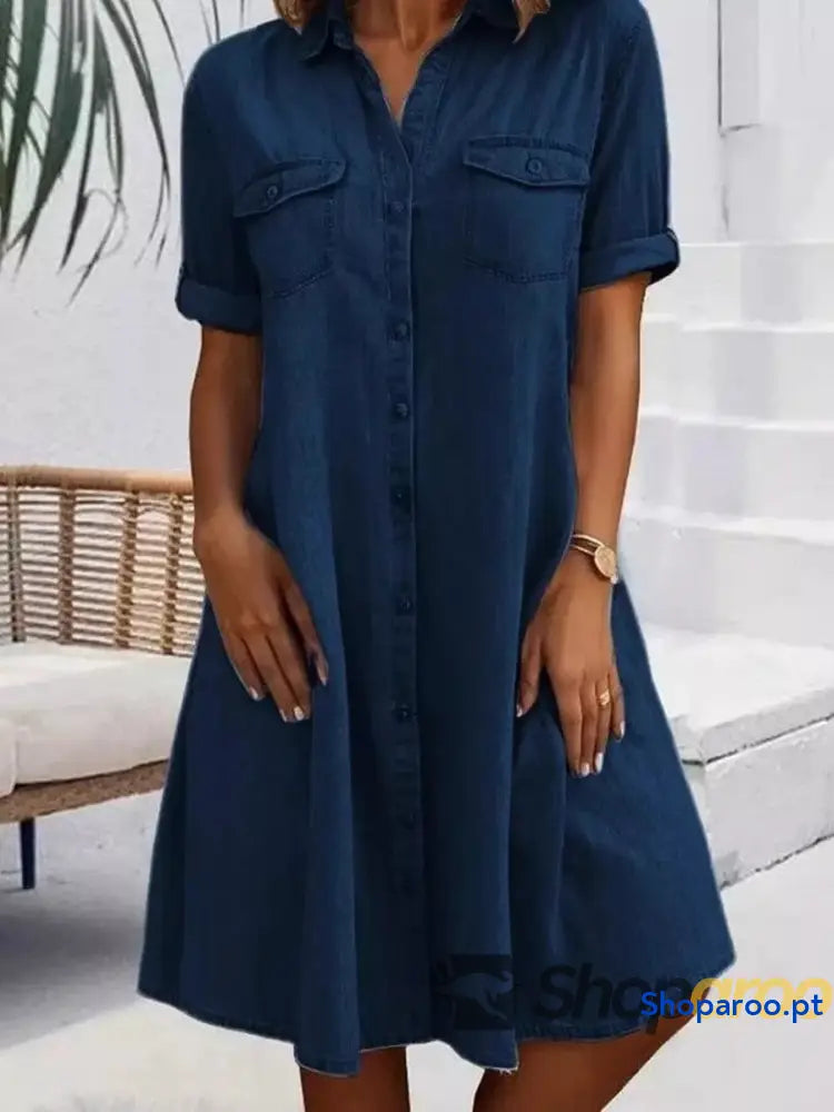 Full Size Button-Front Short Sleeve Denim Dress Plus