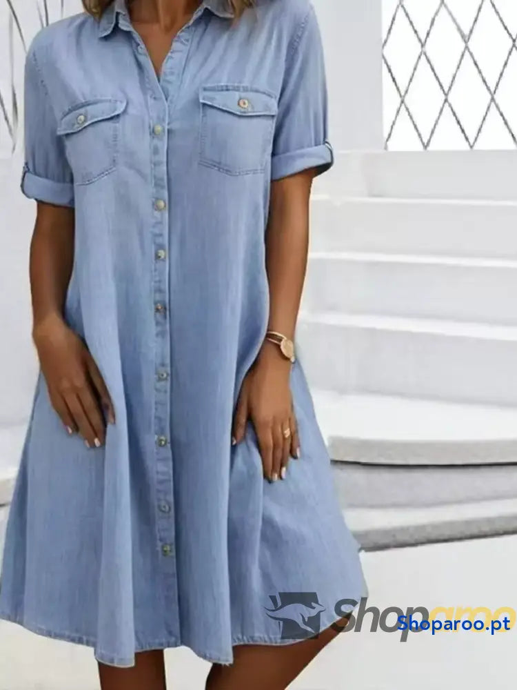 Full Size Button-Front Short Sleeve Denim Dress Plus