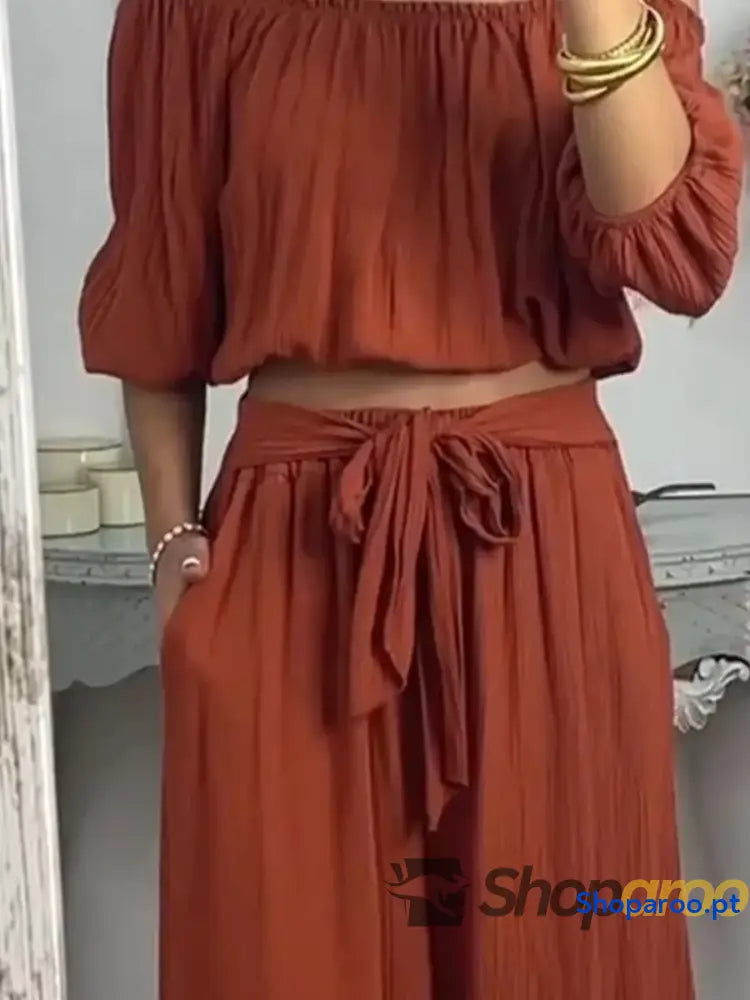 Full Size Off-Shoulder Top and Pants Set Plus