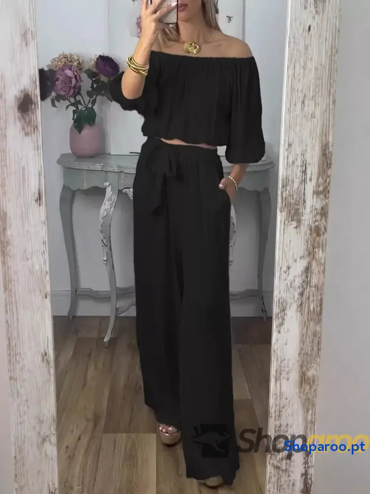 Full Size Off-Shoulder Top and Pants Set Plus