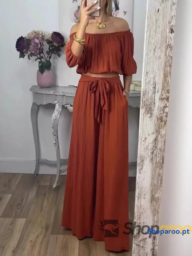 Full Size Off-Shoulder Top and Pants Set Plus
