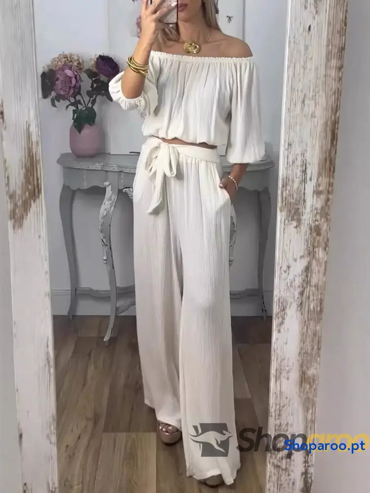 Full Size Off-Shoulder Top and Pants Set Plus