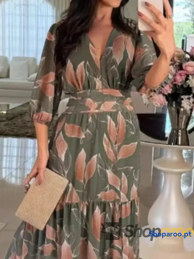 Full Size Printed V-Neck Maxi Dress with Tiered Hemline Plus