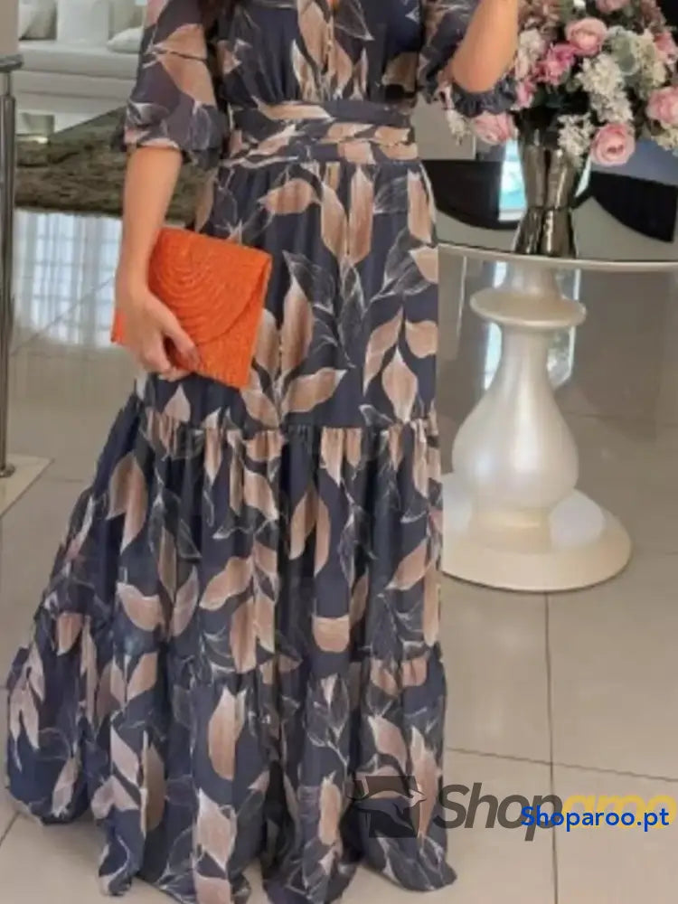 Full Size Printed V-Neck Maxi Dress with Tiered Hemline Plus