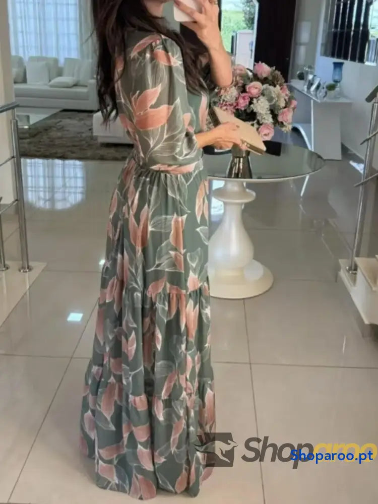 Full Size Printed V-Neck Maxi Dress with Tiered Hemline Plus