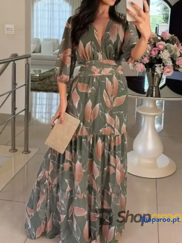 Full Size Printed V-Neck Maxi Dress with Tiered Hemline Plus