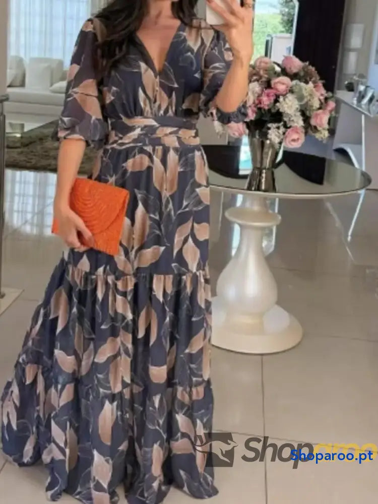 Full Size Printed V-Neck Maxi Dress with Tiered Hemline Plus