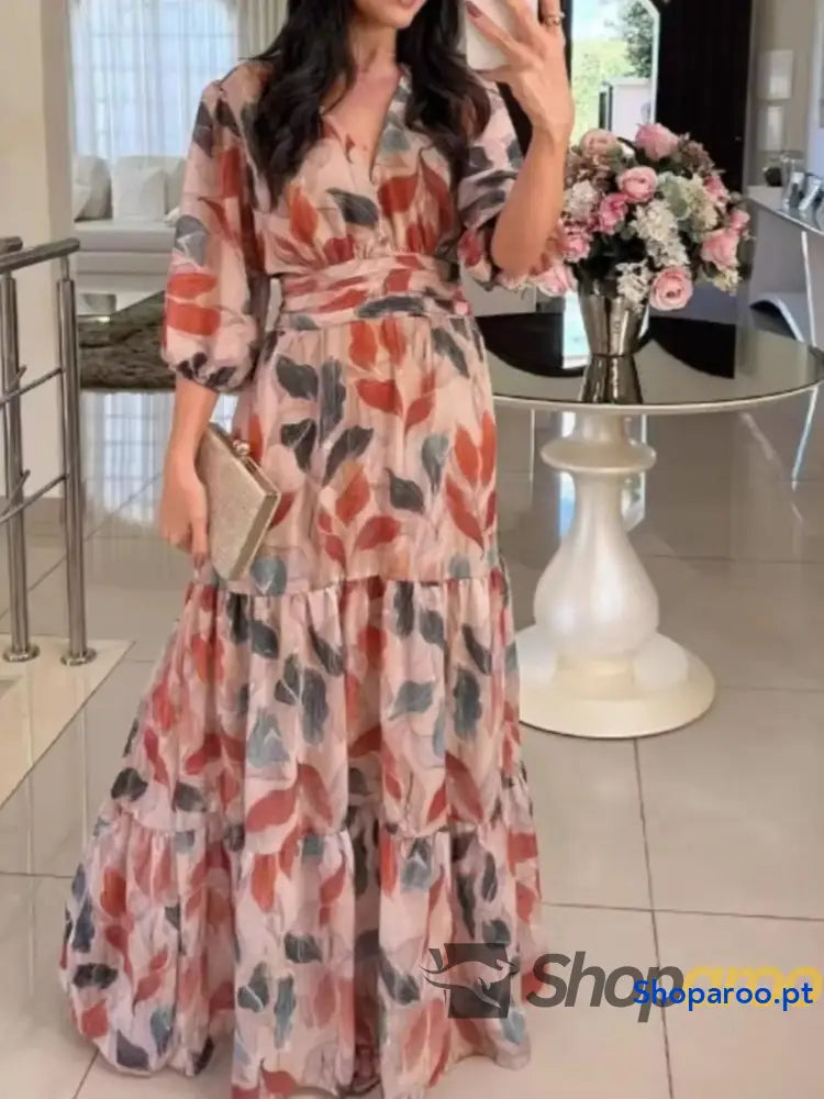 Full Size Printed V-Neck Maxi Dress with Tiered Hemline Plus