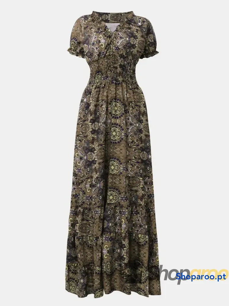 Full Size Smocked Printed V-Neck Short Sleeve Dress