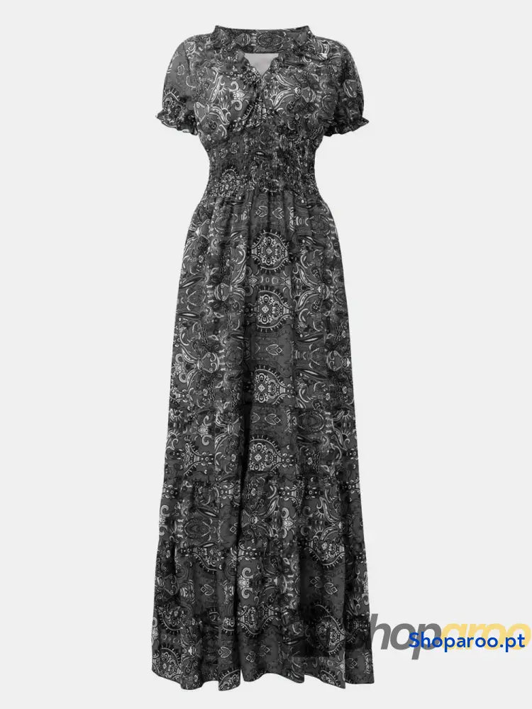 Full Size Smocked Printed V-Neck Short Sleeve Dress