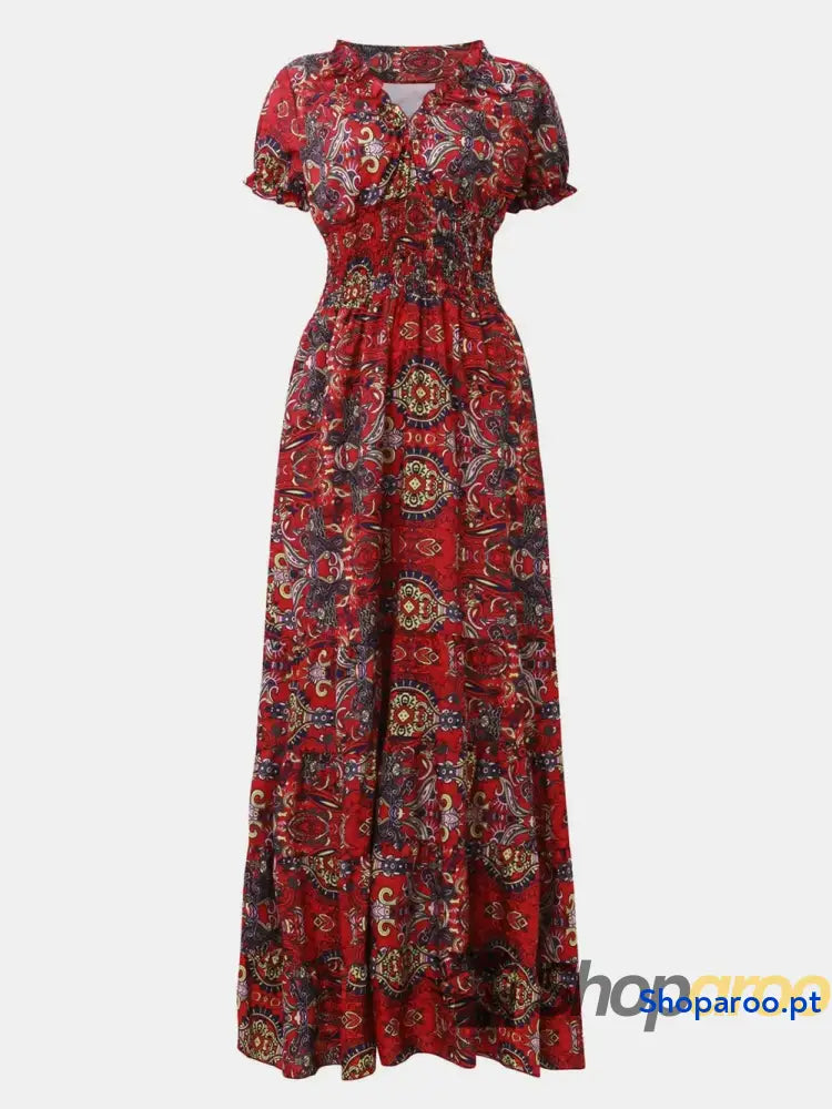 Full Size Smocked Printed V-Neck Short Sleeve Dress