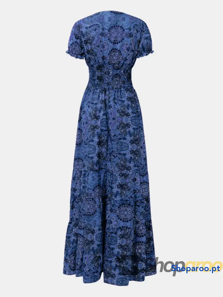 Full Size Smocked Printed V-Neck Short Sleeve Dress