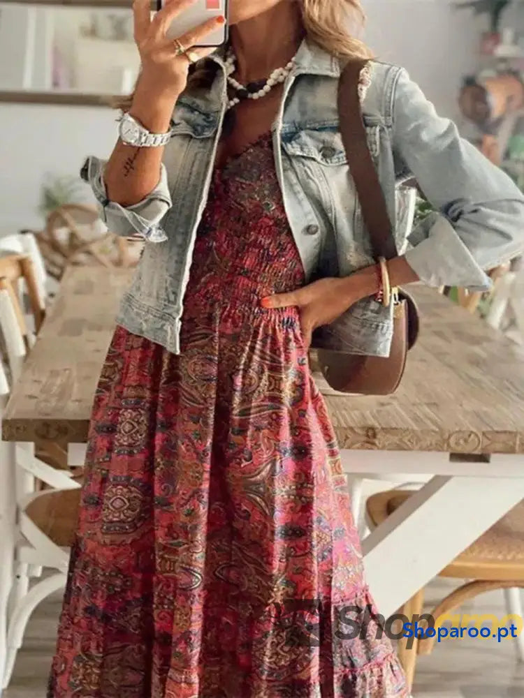 Full Size Smocked Printed V-Neck Short Sleeve Dress