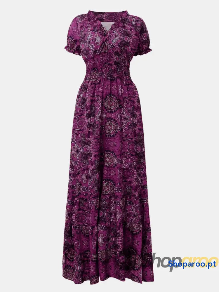 Full Size Smocked Printed V-Neck Short Sleeve Dress