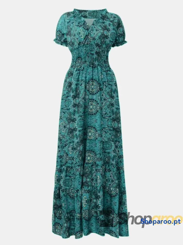 Full Size Smocked Printed V-Neck Short Sleeve Dress