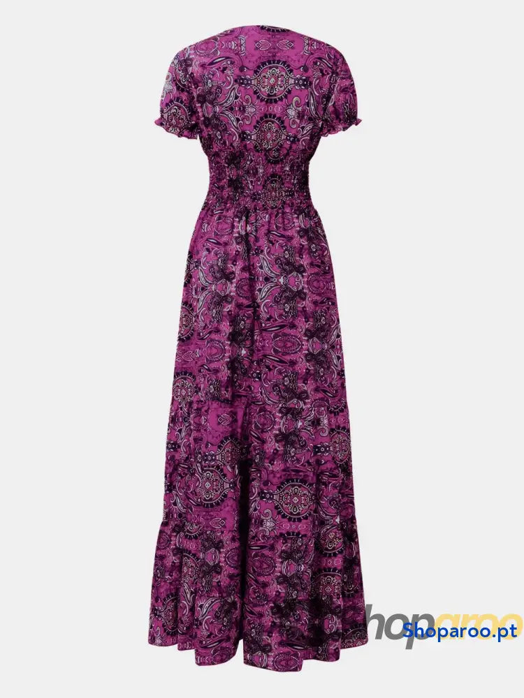 Full Size Smocked Printed V-Neck Short Sleeve Dress