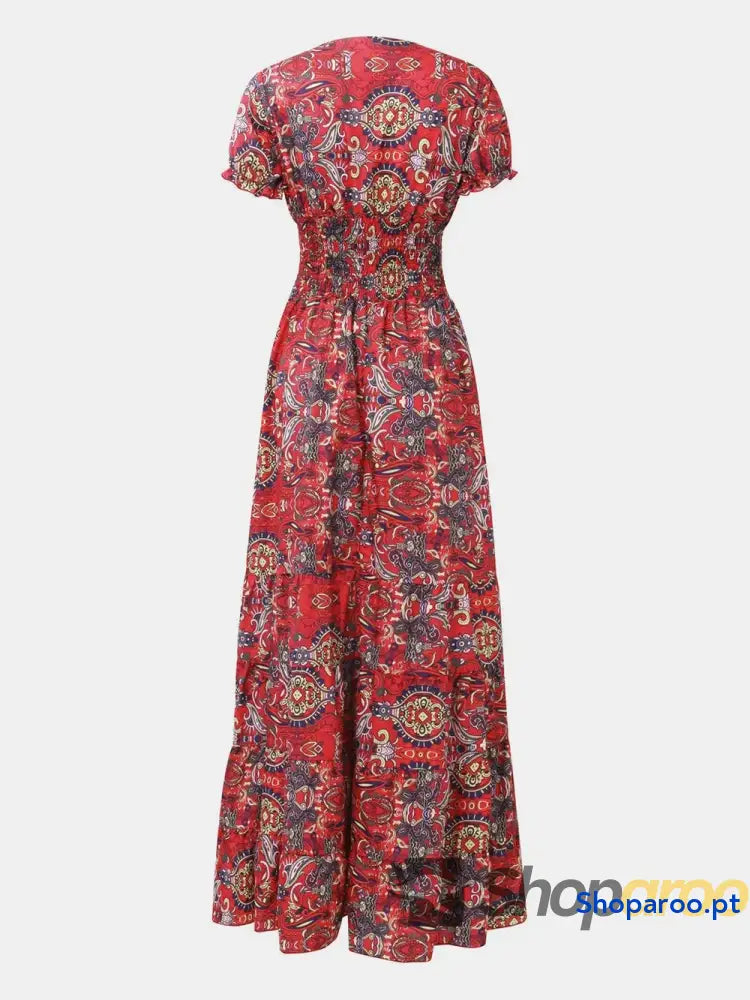 Full Size Smocked Printed V-Neck Short Sleeve Dress