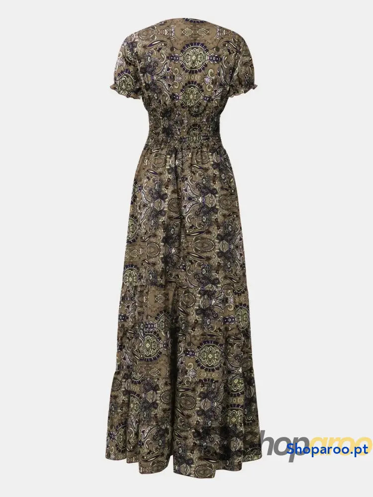 Full Size Smocked Printed V-Neck Short Sleeve Dress